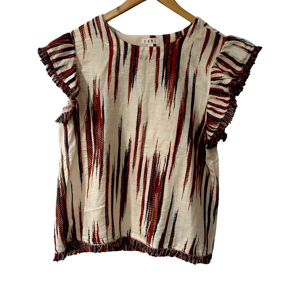 THML Boho textured Aztec look fringed shirt with short flutter sleeves Large